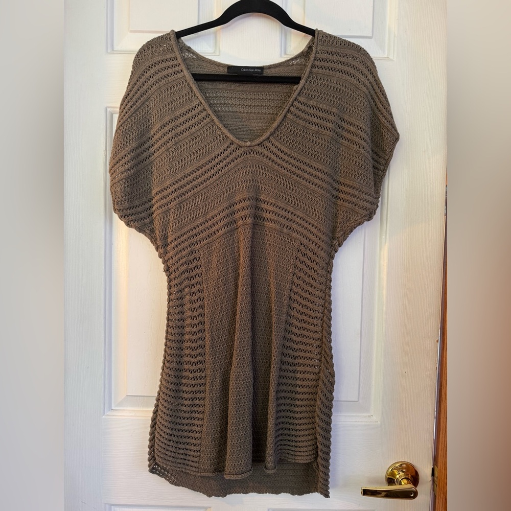 CALVIN KLEIN Knit Olive Green short Sleeve Sweater Tunic Dress Top womens Medium